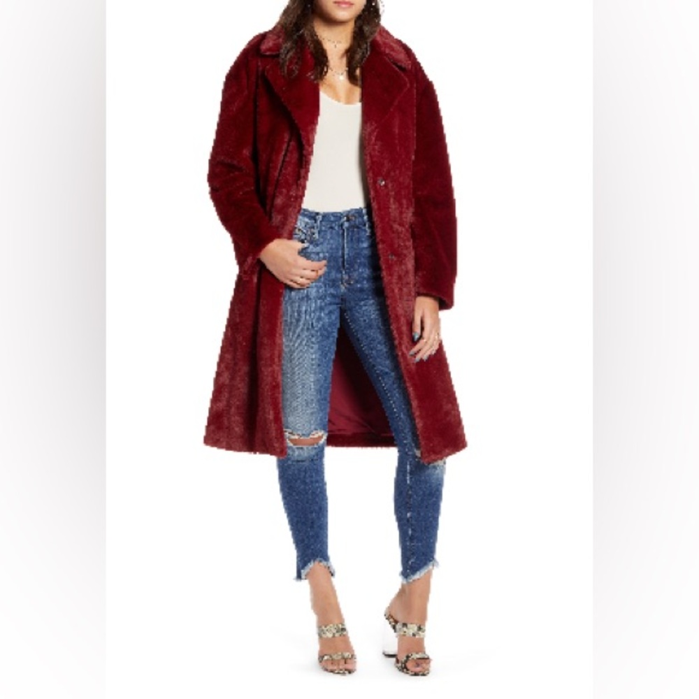 Mural Long Faux Fur Coat- Burgundy- Small